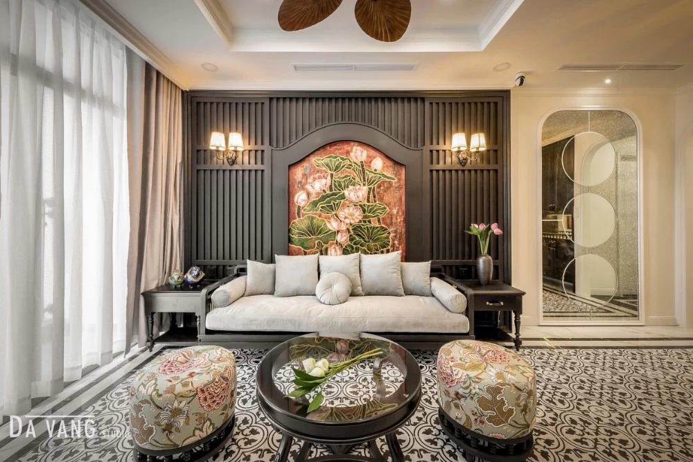 Mẫu thiết kế phòng khách chung cư phong cách Indochine rộng 88m2
