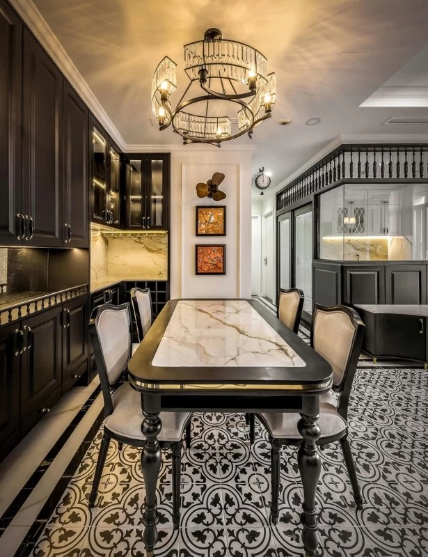 Mẫu thiết kế phòng bếp chung cư phong cách Indochine rộng 88m2