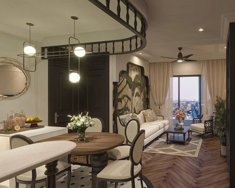 Mẫu thiết kế phòng khách liên thông với phòng bếp cho căn hộ chung cư Indochine rộng 100m2