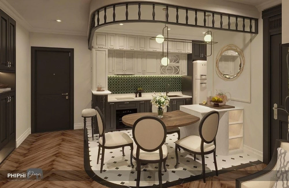 Mẫu thiết kế phòng bếp cho căn hộ chung cư phong cách Indochine rộng 100m2