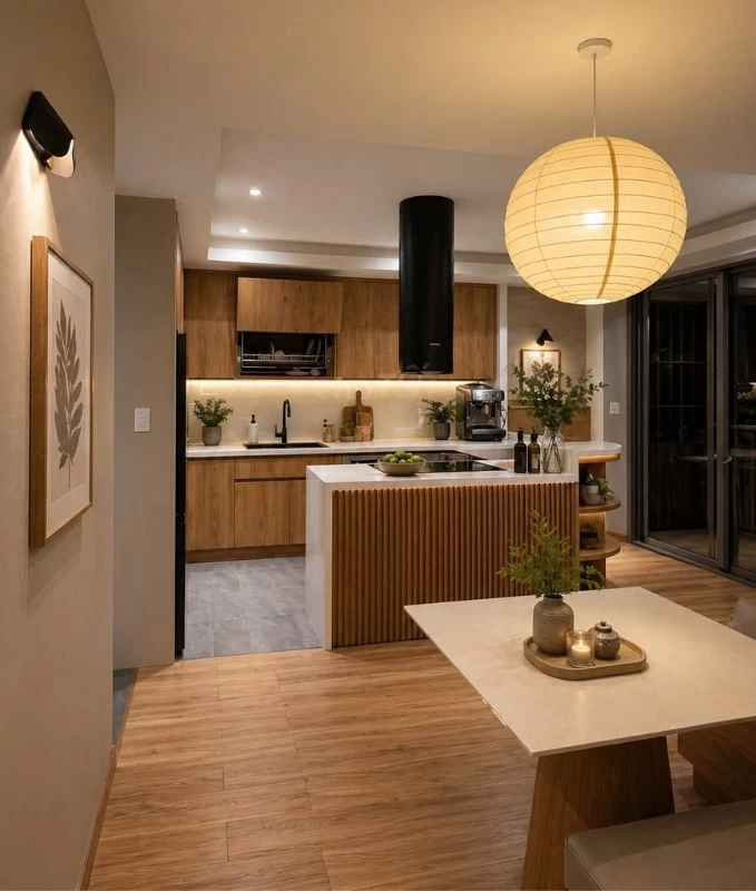 Mẫu thiết kế phòng bếp và phòng ăn cho căn hộ kiểu Nhật rộng 100m2