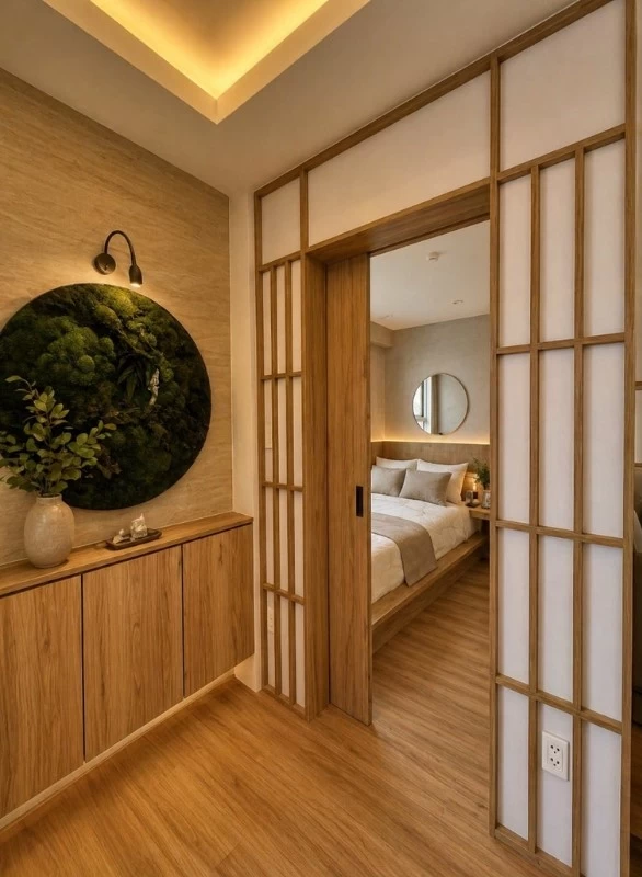 Căn hộ kiểu Nhật sử dụng hệ cửa lùa và cây xanh để trang trí không gian