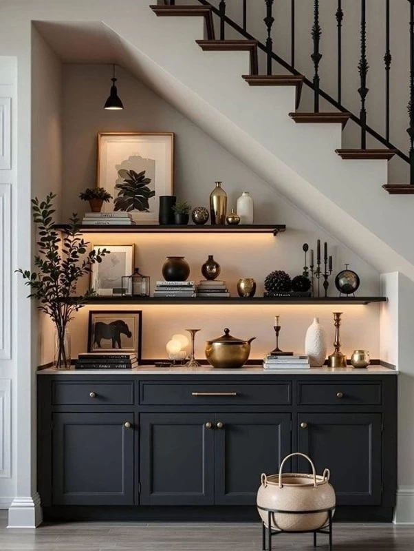 Mẫu tủ cầu thang kết hợp kệ trang trí nhỏ xinh