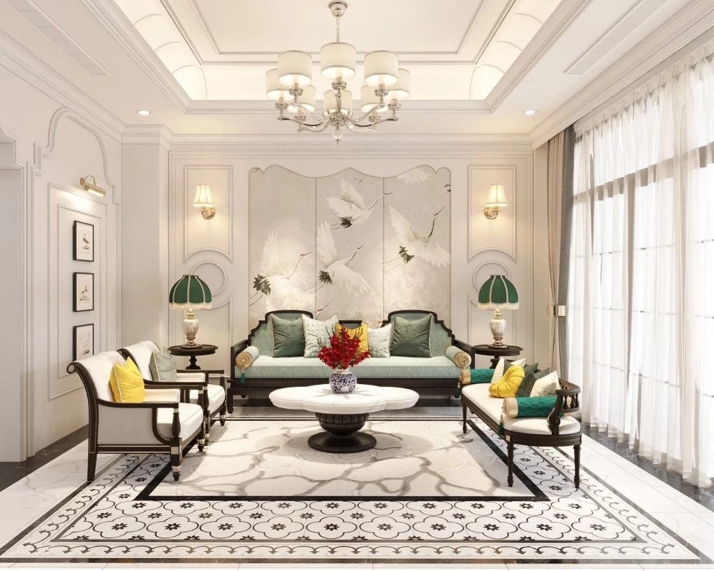 Phòng khách nhà phố mang phong cách Indochine thanh lịch, quyền quý
