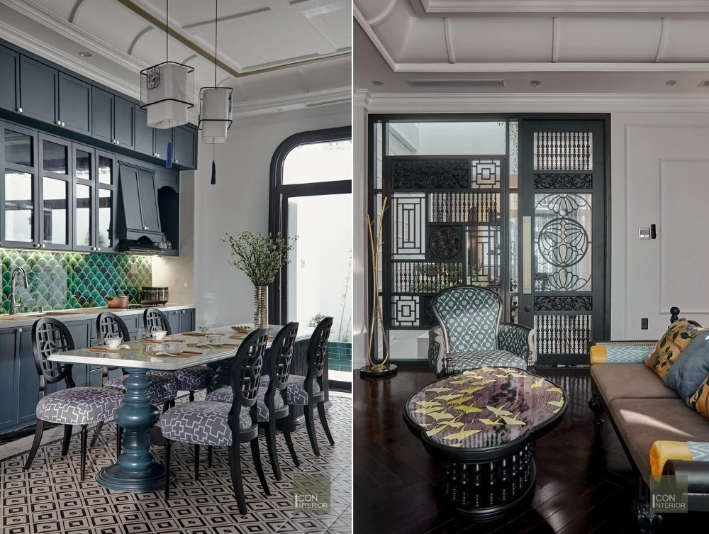 Mẫu phòng bếp và phòng sinh hoạt của nhà phố Indochine