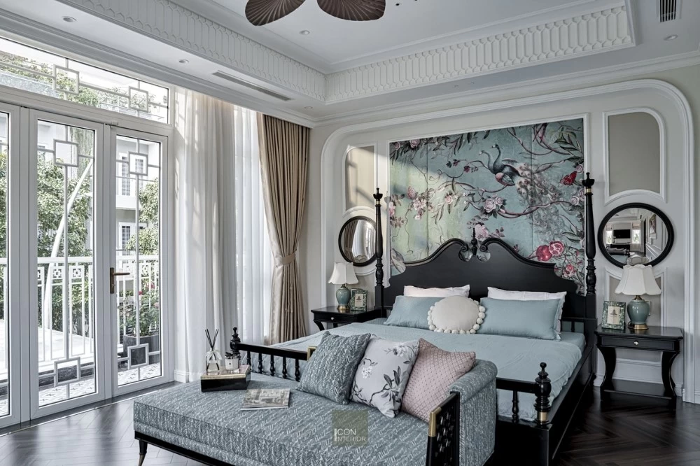 Mẫu phòng ngủ master cho nhà phố phong cách Đông Dương rộng 119m2
