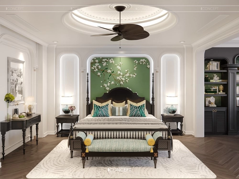 Mẫu phòng ngủ master đậm chất Đông Dương cho nhà phố rộng 520m2
