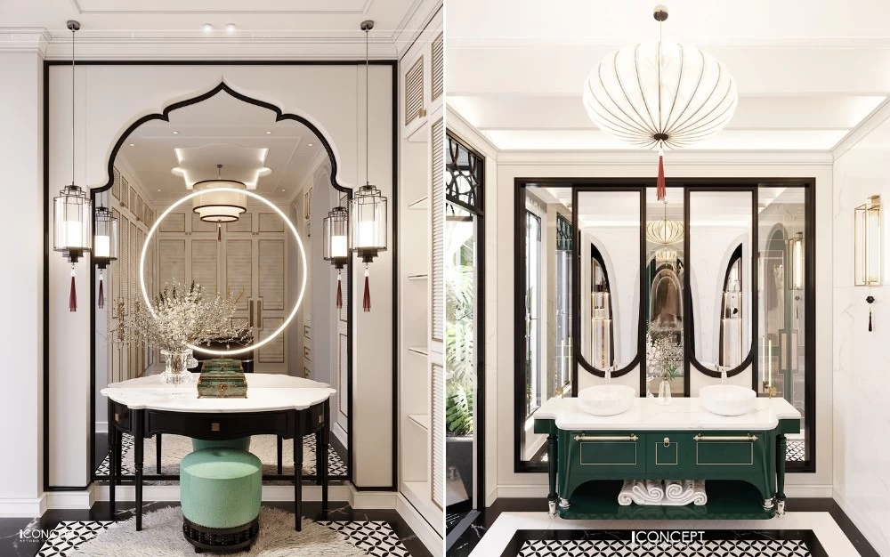 Góc bàn trang điểm và lavabo nhà tắm của nhà phố theo phong cách Indochine