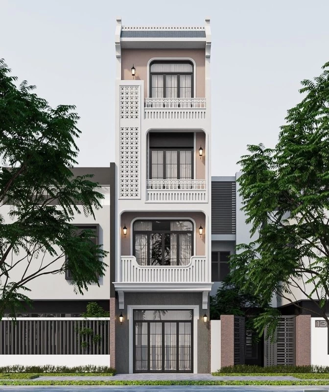Mặt tiền nhà phố 4 tầng theo phong cách kiến trúc Indochine
