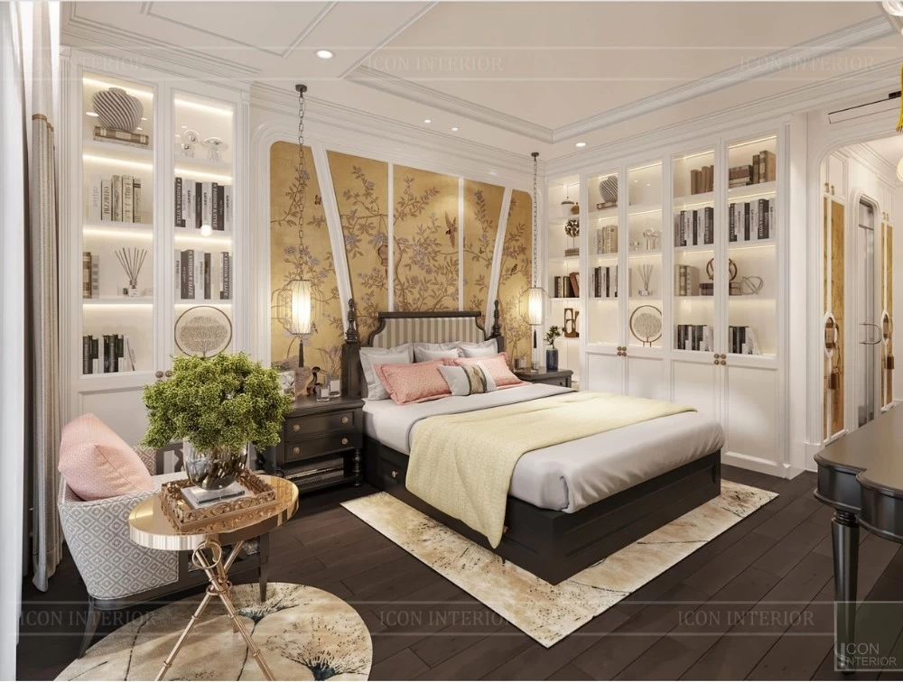 Mẫu phòng ngủ Indochine có kết hợp hệ tủ trưng bày