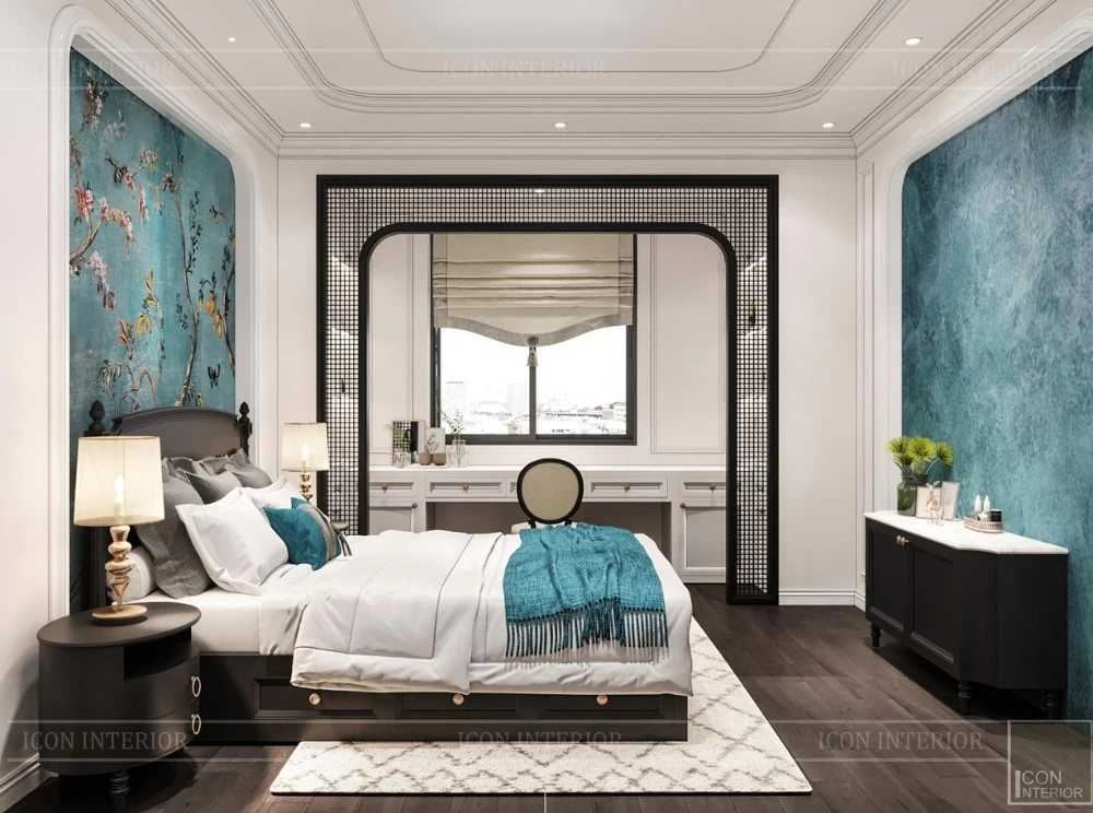 Mẫu phòng ngủ Indochine sử dụng gam màu xanh nước biển, tạo cảm giác thoải mái, thư giãn