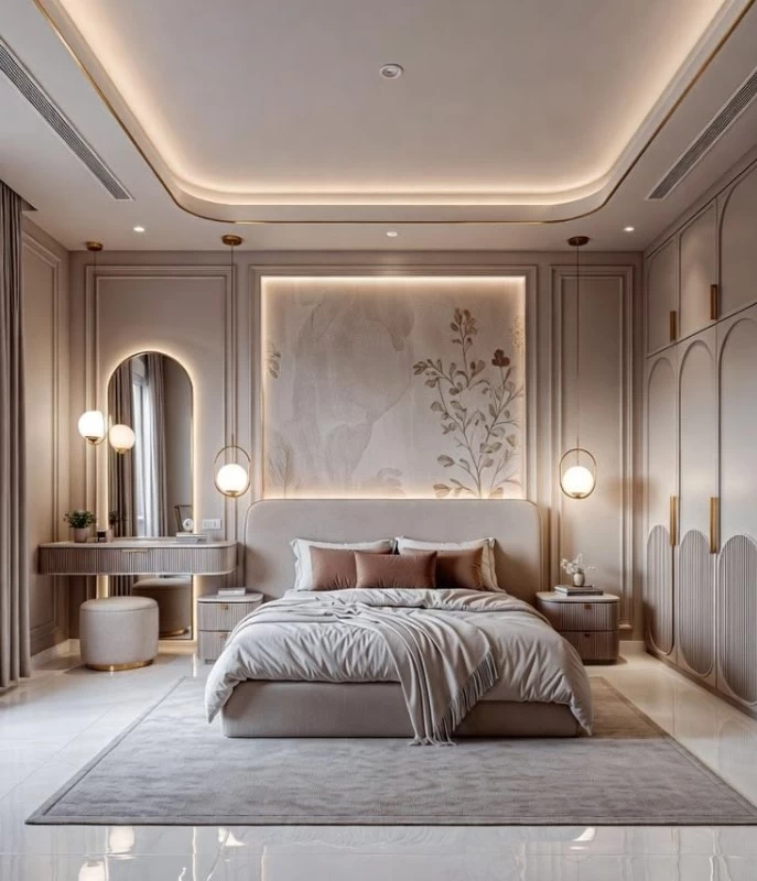 Phòng ngủ master có tích hợp tiện ích tab đầu giường, bàn trang điểm
