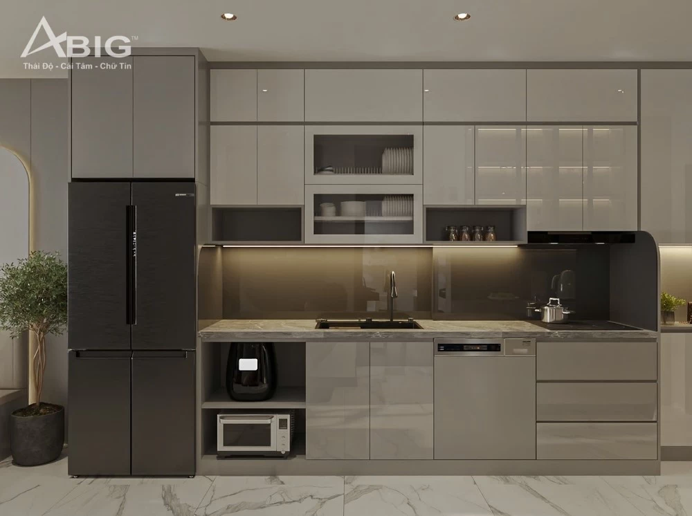 Mẫu thiết kế phòng bếp hiện đại cho căn hộ chung cư Vinhomes Grand Park rộng 54m2