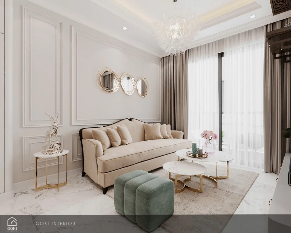 Mẫu thiết kế nội thất phòng khách căn hộ chung cư đậm chất phong cách tân cổ điển hiện đại