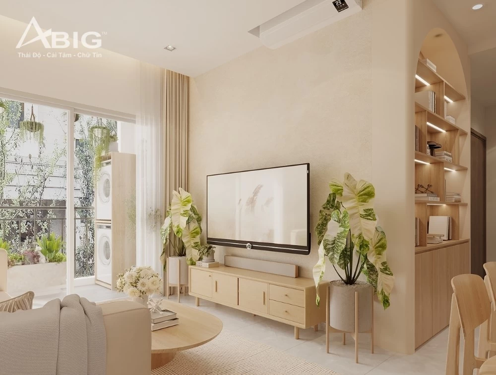 Mẫu thiết kế phòng khách có trang trí cây xanh cho căn hộ chung cư Sunshine Riverside