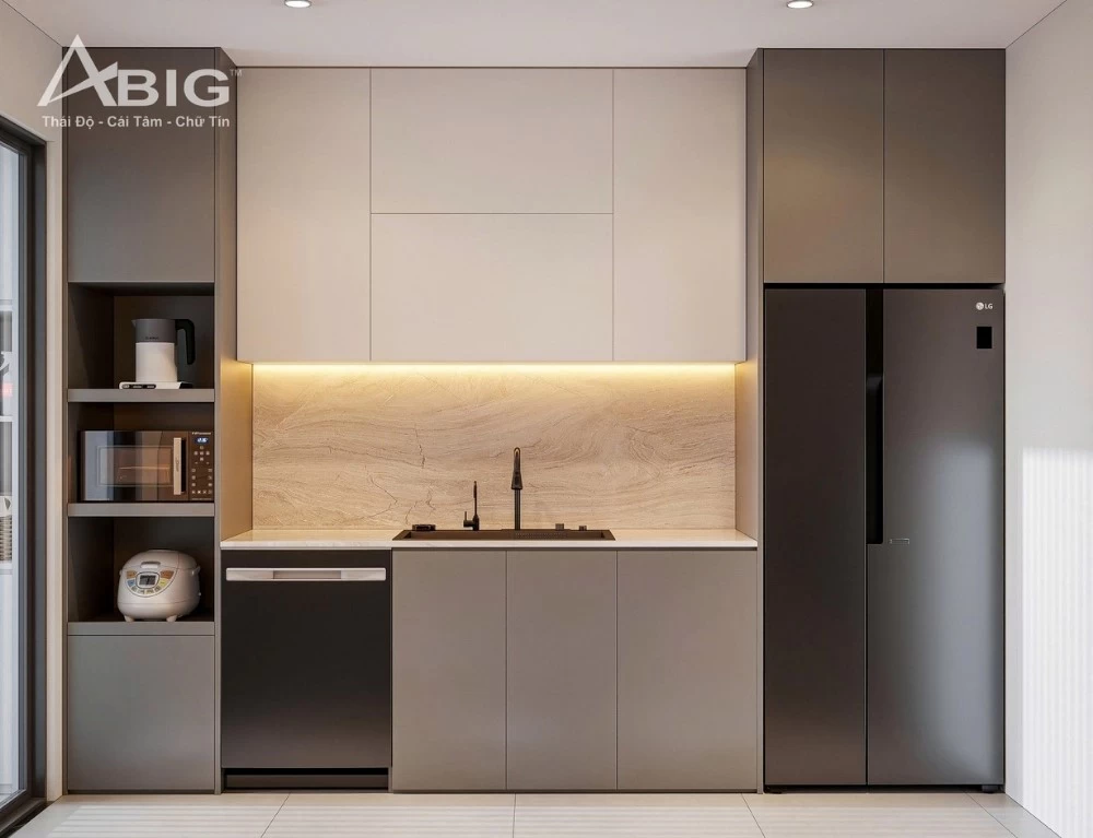 Mẫu thiết kế phòng bếp hiện đại cho căn hộ chung cư Ascent Lakeside rộng 98m2