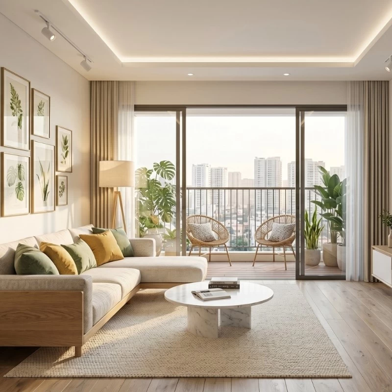 Mẫu thiết kế phòng khách chung cư phong cách Scandinavian rộng 82m2