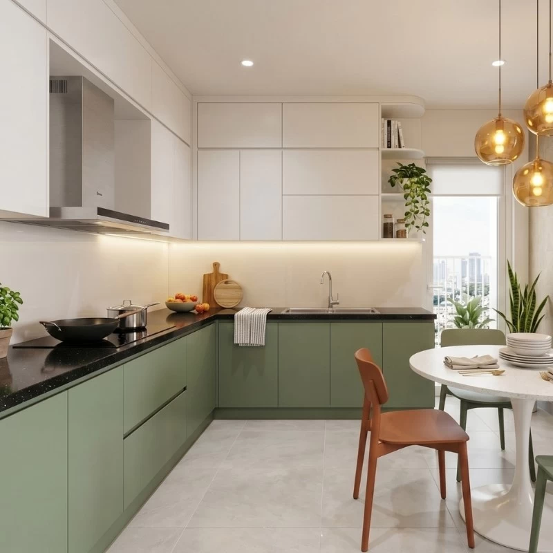 Mẫu thiết kế phòng bếp chung cư phong cách Scandinavian rộng 82m2
