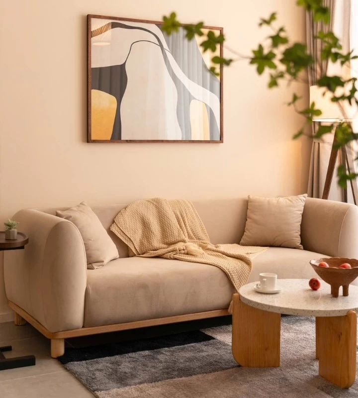 Căn hộ chung cư Scandinavian sử dụng đồ nội thất có chất liệu từ gỗ, đá và vải dệt