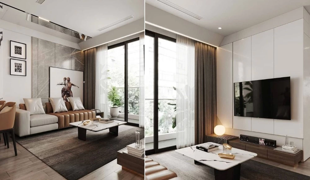 Mẫu thiết kế phòng khách cho căn hộ chung cư tân cổ điển rộng 88m2