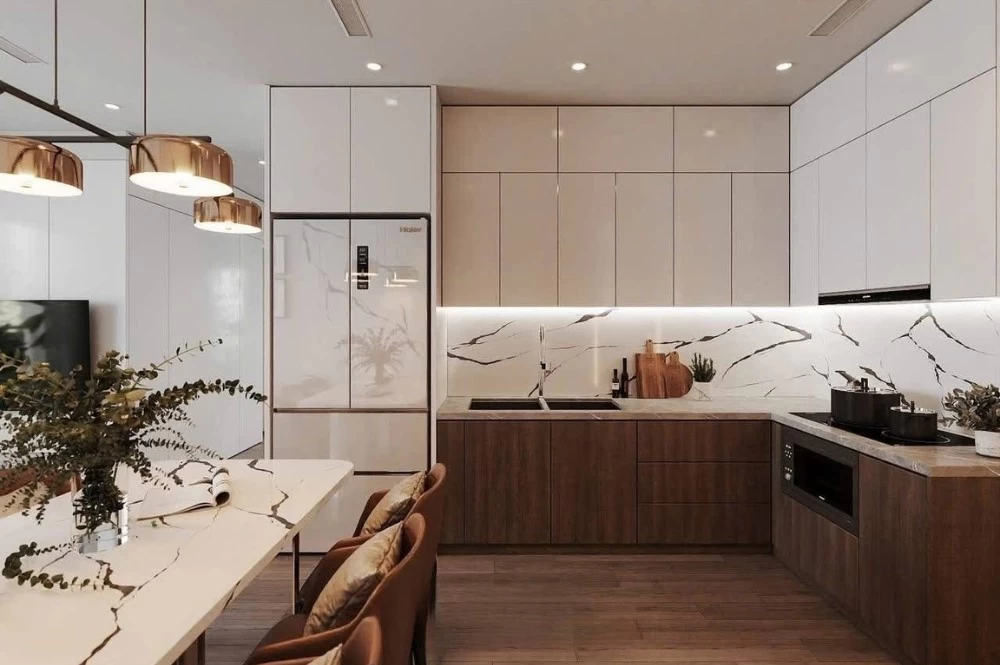 Mẫu thiết kế phòng bếp cho căn hộ chung cư tân cổ điển rộng 88m2