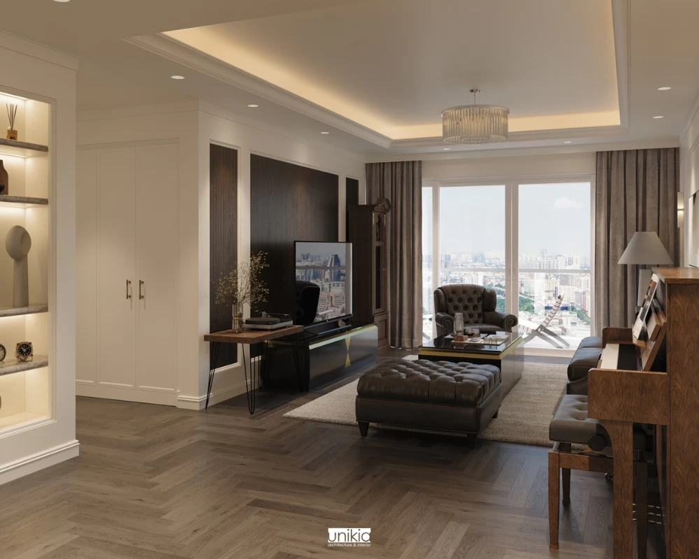 Mẫu thiết kế phòng khách cho căn hộ chung cư tân cổ điển rộng 160m2