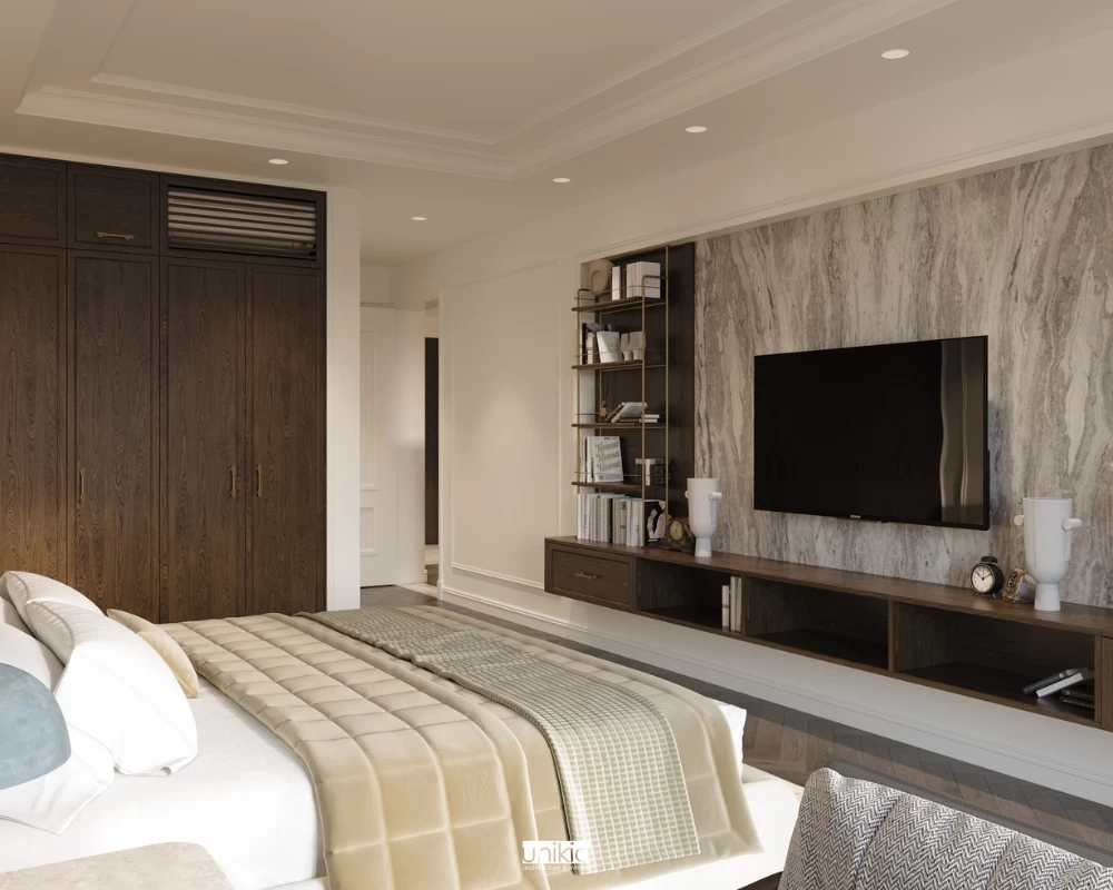 Mẫu thiết kế phòng ngủ tích hợp kệ tủ cho căn hộ chung cư tân cổ điển rộng 160m2