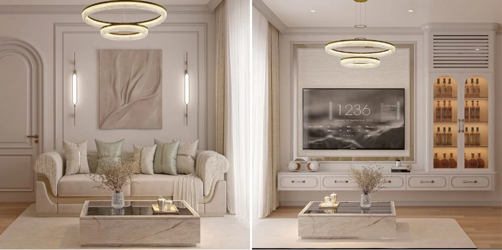 Mẫu thiết kế phòng khách cho căn hộ chung cư tân cổ điển rộng 188m2