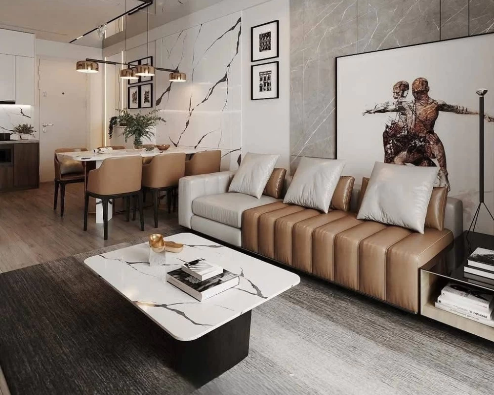 Căn hộ tân cổ điển sử dụng ghế sofa bọc da cao cấp và mặt bàn trà được làm từ đá marble