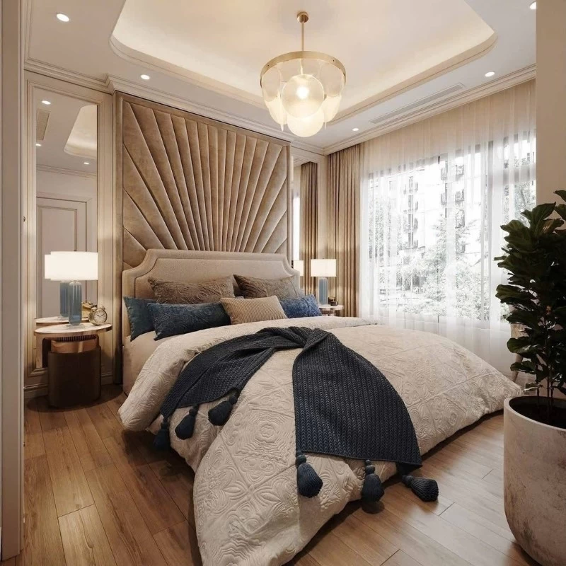 Phòng ngủ chung cư tân cổ điển có sự kết hợp hoàn hảo giữa nguồn ánh sáng tự nhiên và nhân tạo