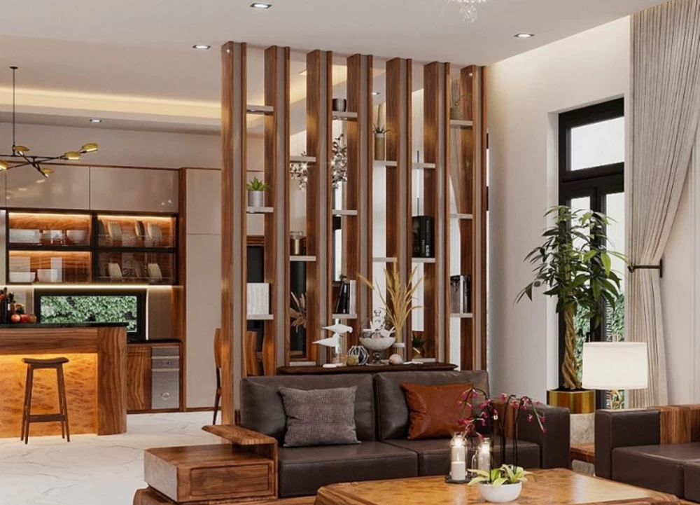 Vách ngăn phòng khách và bếp được làm bằng gỗ