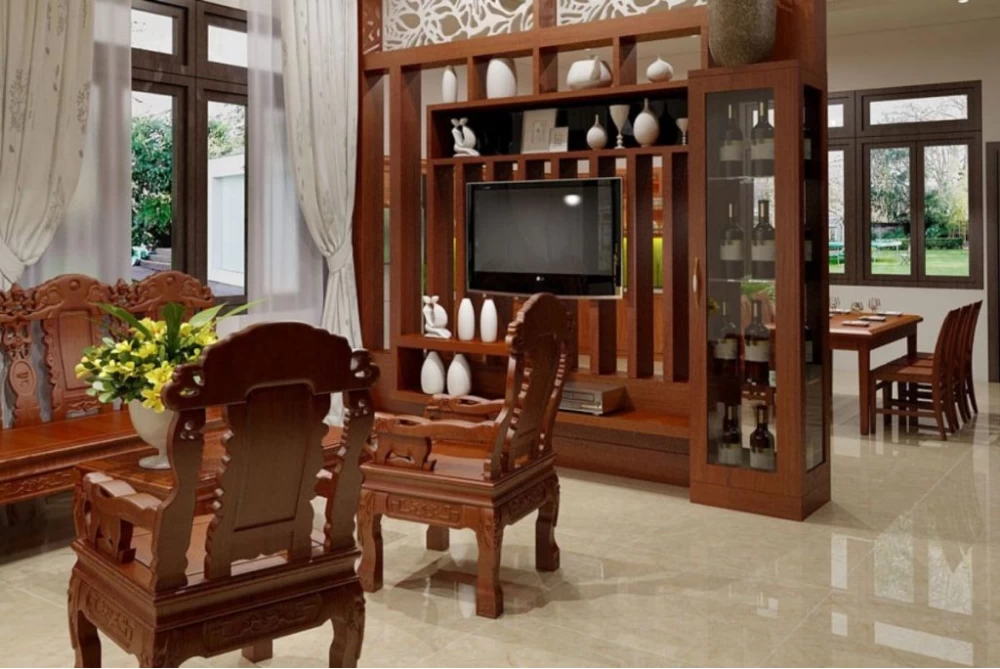 Vách ngăn phòng khách làm bằng gỗ tự nhiên