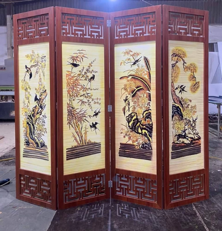 Mẫu vách ngăn phòng khách dạng bình phong gấp phong cách Á Đông truyền thống