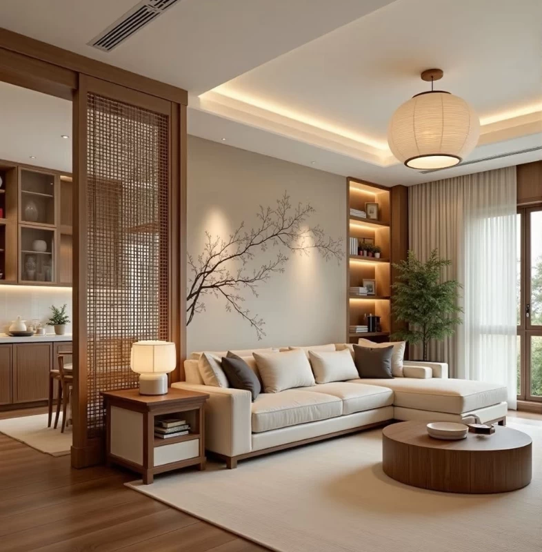 Mẫu vách ngăn phòng bếp và khách bằng gỗ công nghiệp
