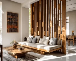 Tấm vách ngăn phòng khách và bếp làm bằng gỗ