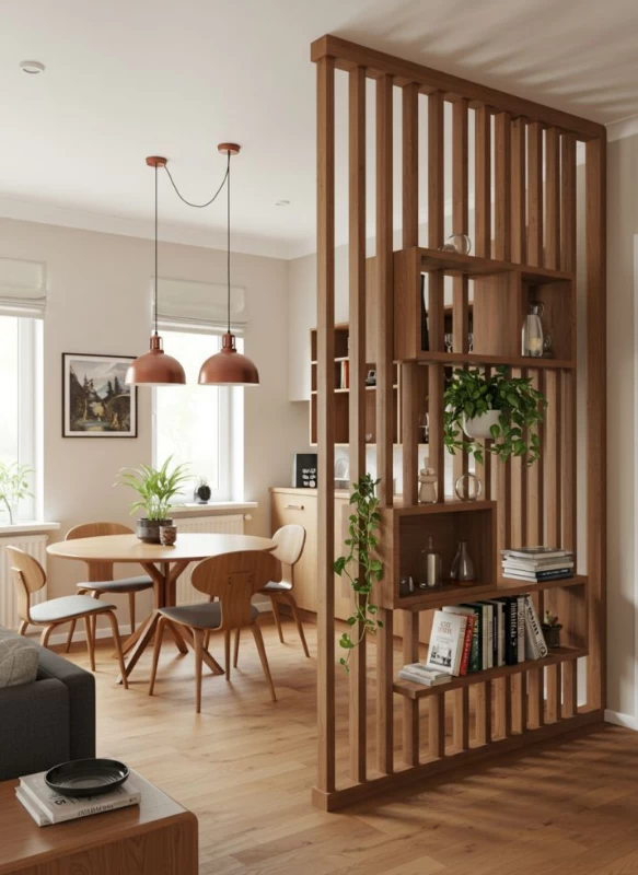Mẫu vách ngăn phòng khách và bếp dạng kệ trưng bày