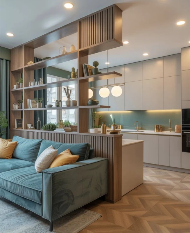 Mẫu vách ngăn phòng khách với bếp đa năng, kết hợp kệ để đồ