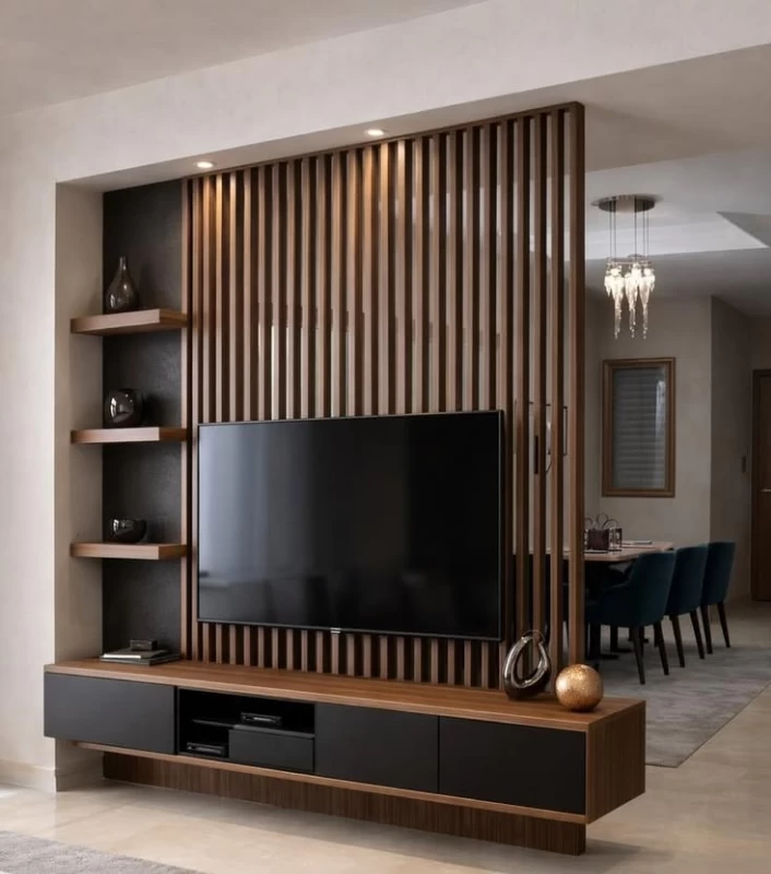 Mẫu vách ngăn phòng khách dạng lam sóng kết hợp kệ tivi, tủ lưu trữ và kệ trang trí