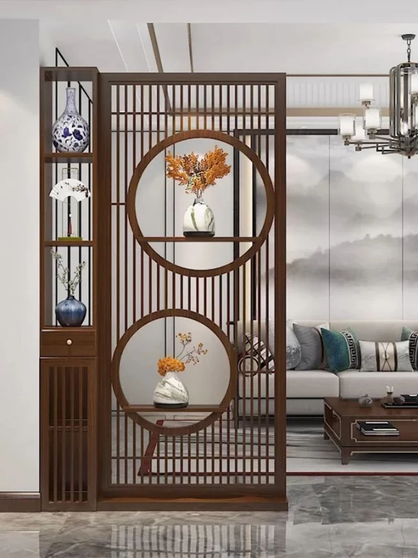Mẫu vách ngăn phòng khách kết hợp kệ trang trí