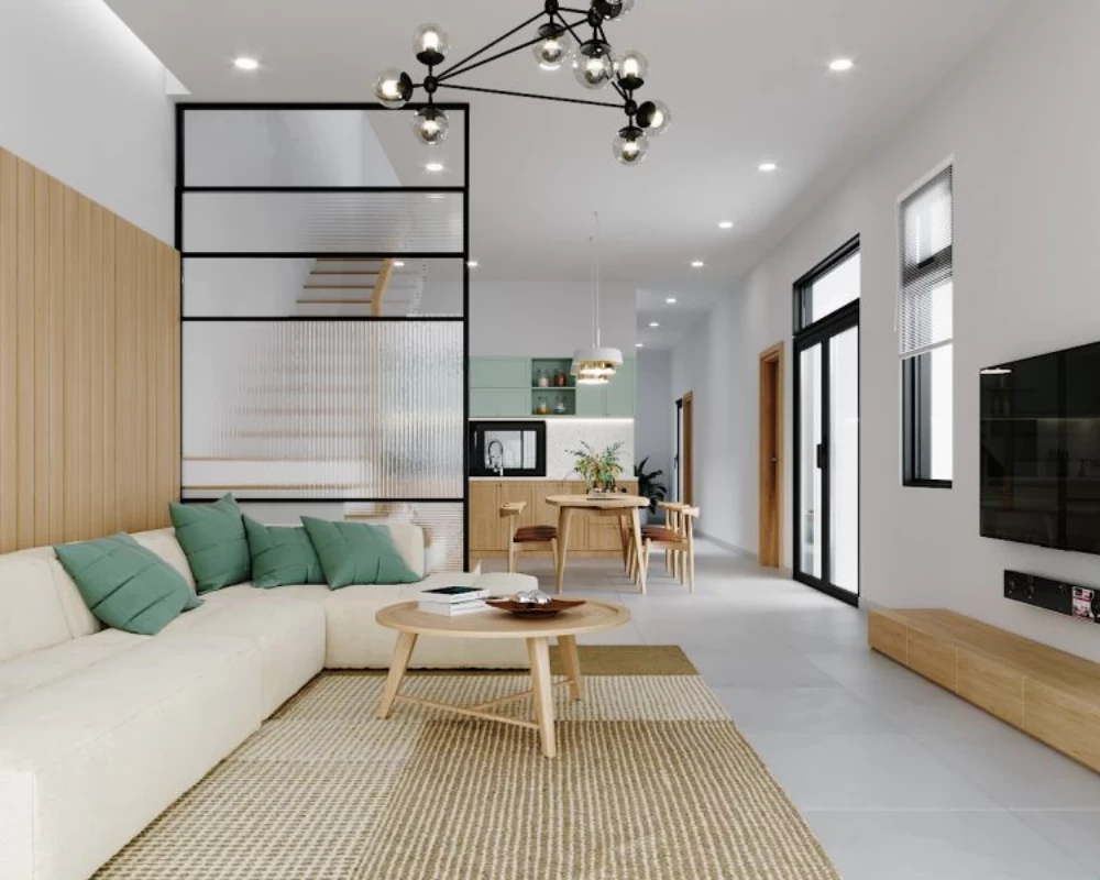 Mẫu vách ngăn phòng bếp và khách bằng kính mờ