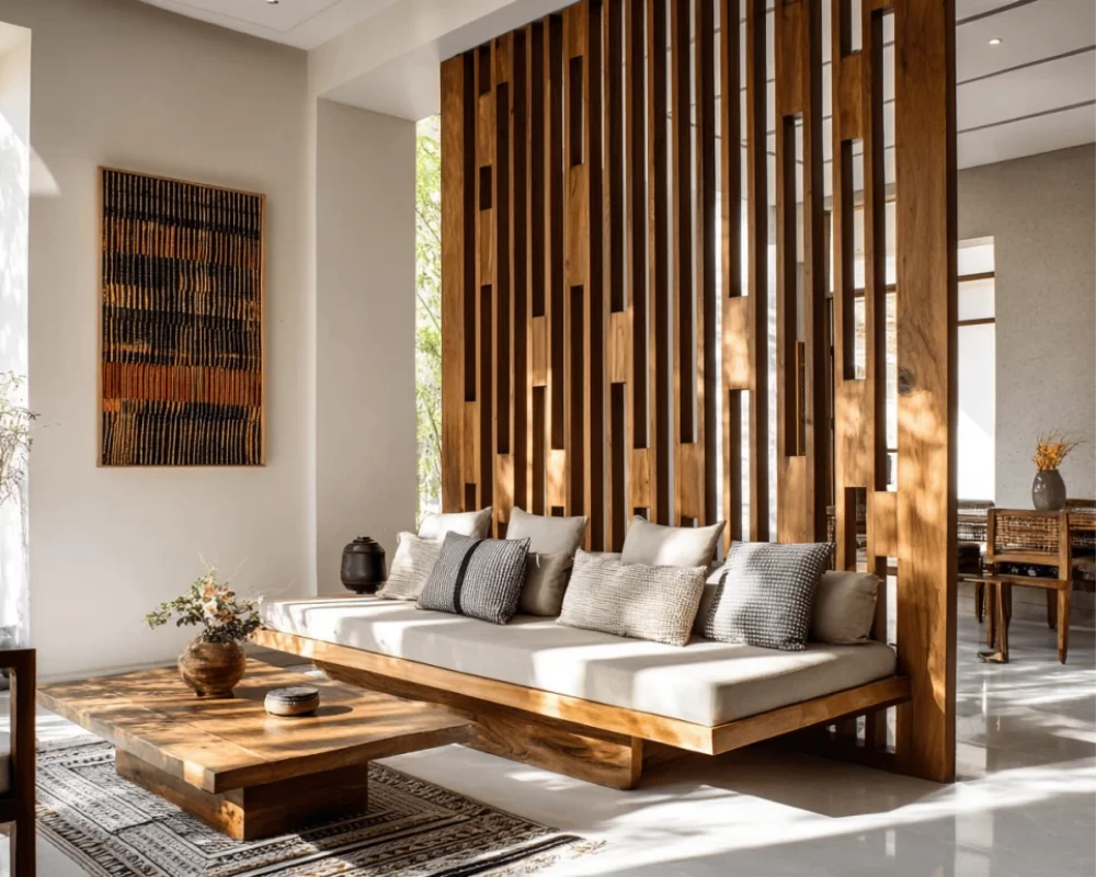 Tấm vách ngăn phòng khách và bếp làm bằng gỗ