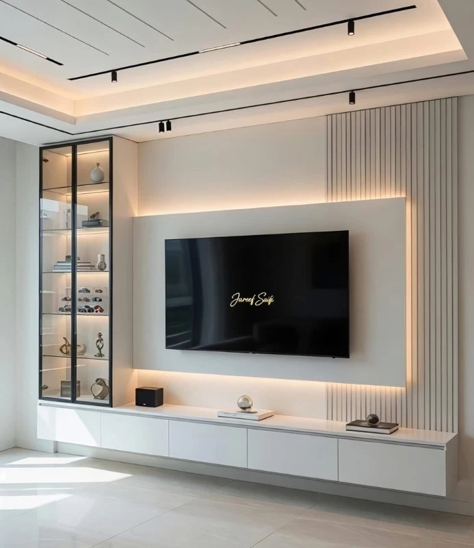 Mẫu vách tivi phòng khách gắn đèn LED mang vẻ đẹp thanh lịch, hiện đại