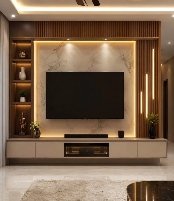 Mẫu vách tivi gắn đèn LED kết hợp kệ trưng bày và hộc để đồ