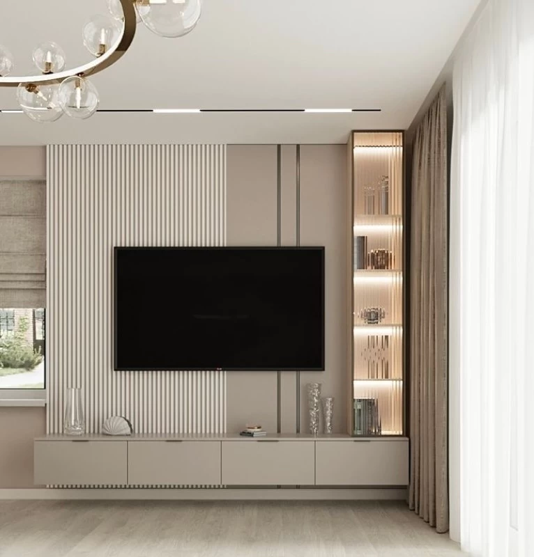 Mẫu vách tivi đẹp có kết hợp kệ trưng bày xa hoa