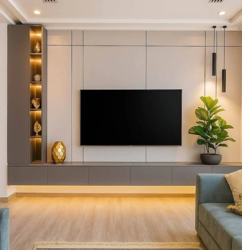 Mẫu vách tivi bằng gỗ công nghiệp có kết hợp kệ trang trí