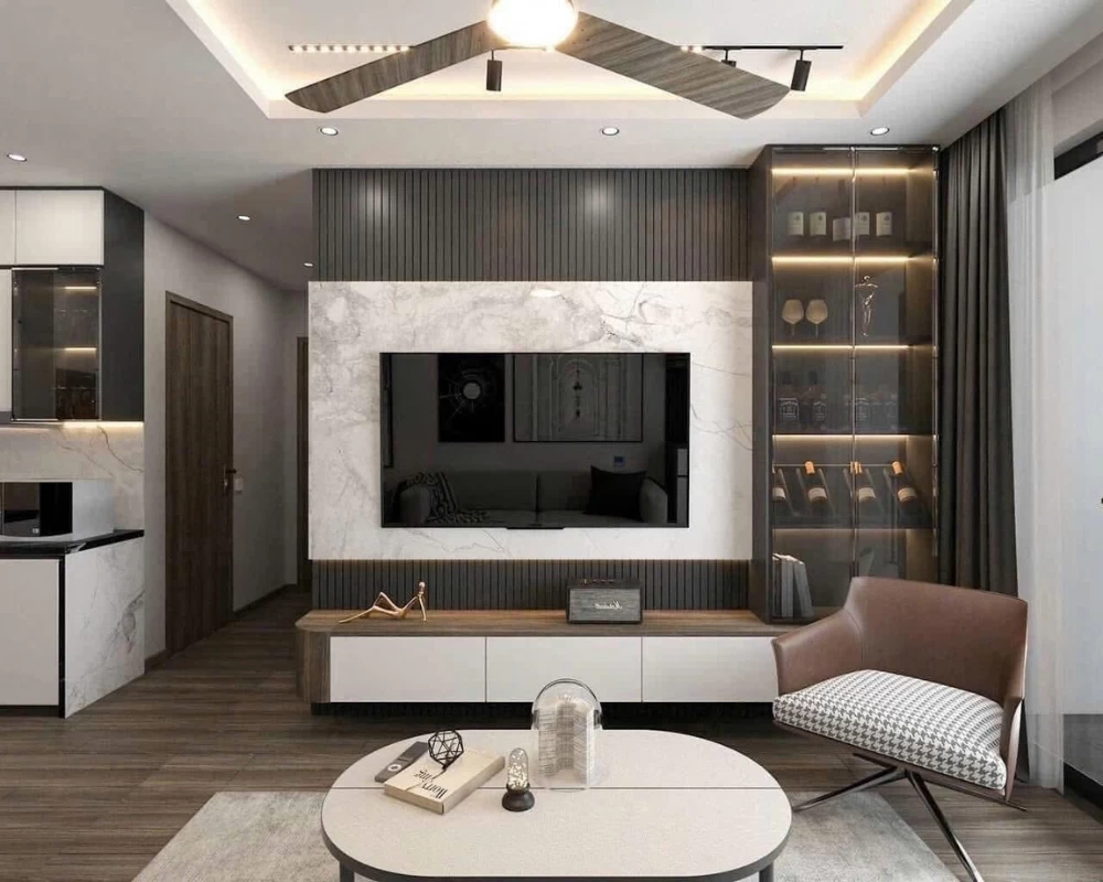 Mẫu vách tivi có kết hợp tủ trưng bày