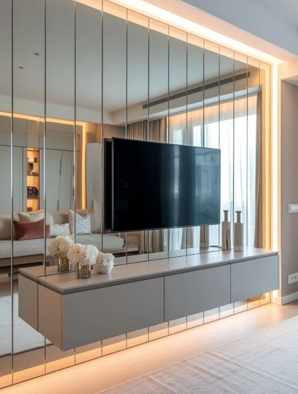 Mẫu vách tivi bằng kính cường lực có gắn đèn LED