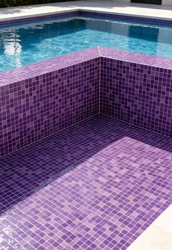 Gạch khảm mosaic màu tím được dùng để ốp lát bể bơi