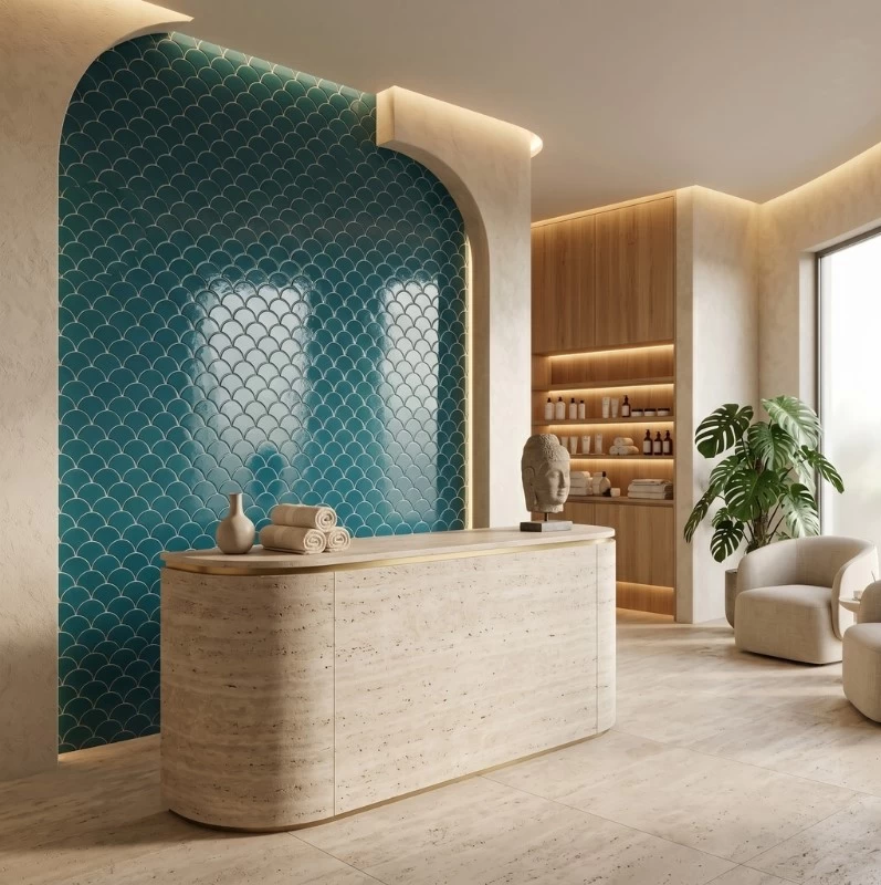 Mảng tường quầy lễ tân được ốp gạch khảm mosaic vảy cá