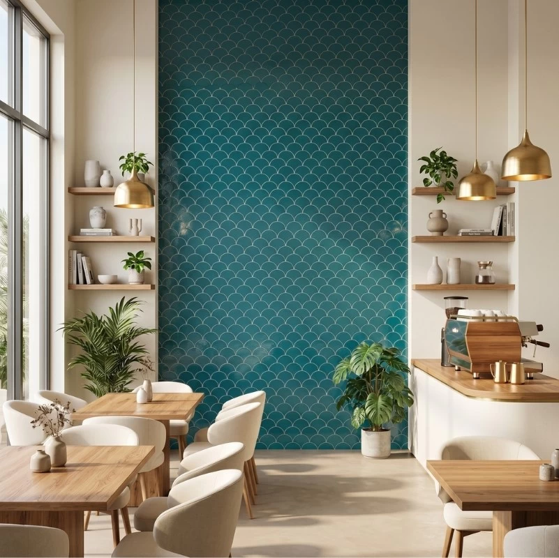 Vách trang trí được ốp gạch mosaic vảy cá